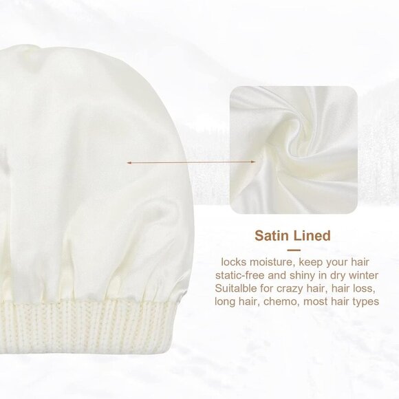 Satin Lined Knit Beanie Hats for Women Men Thick Warm Unisex Slouchy Winter Cap - Picture 6 of 6